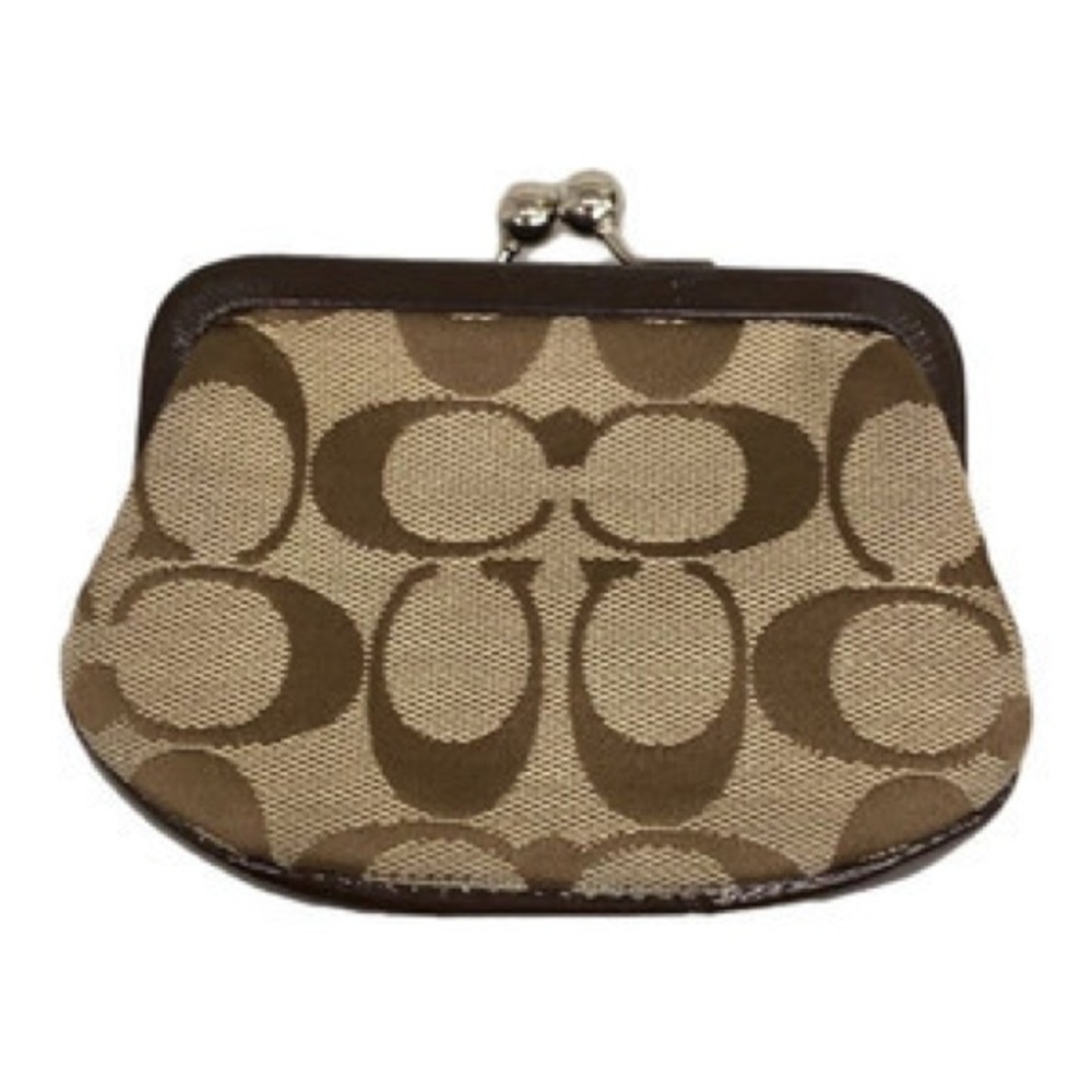 Coach Brown Beige Signature Kiss-Lock Coin Purse
